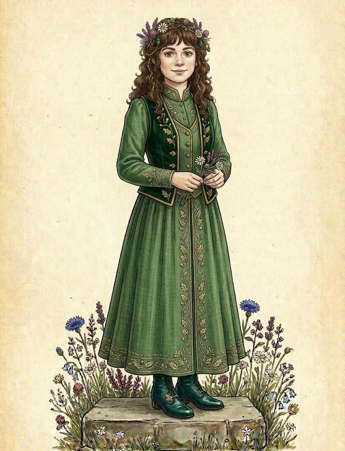 Illustration einer festlich gekleideten Hobbit-Frau im Auenland-Stil