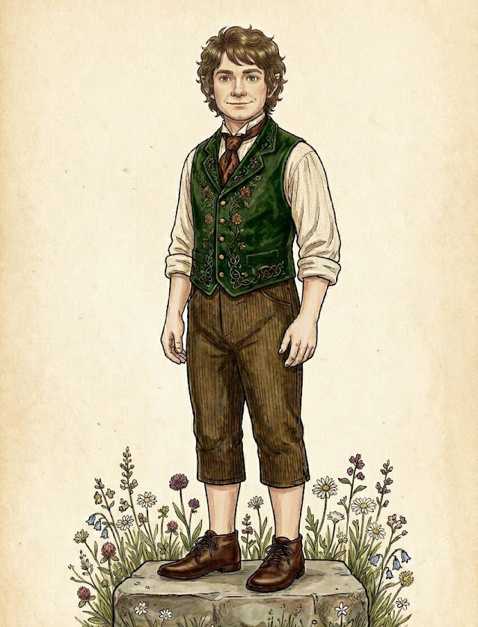 Illustration eines festlich gekleideten Hobbit-Manns im Auenland-Stil